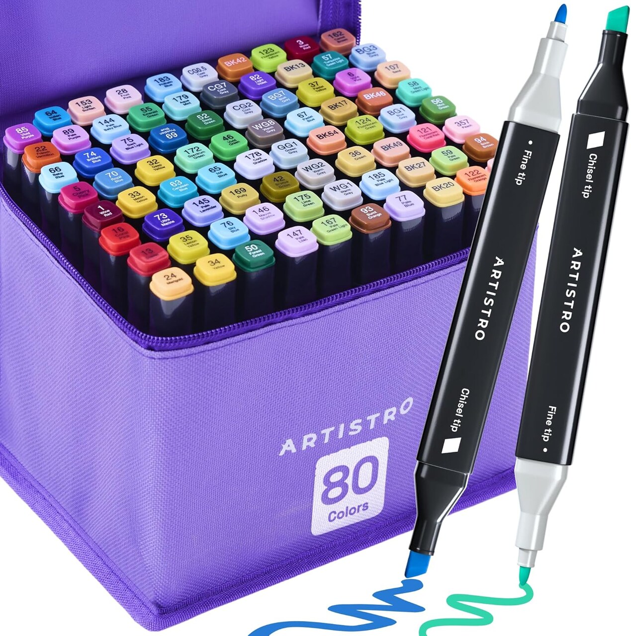 80 Dual-Tip Alcohol Markers - Alcohol-Based Pens Set, Chisel + Fine Tip, Quick Dry, Carrying Case Included